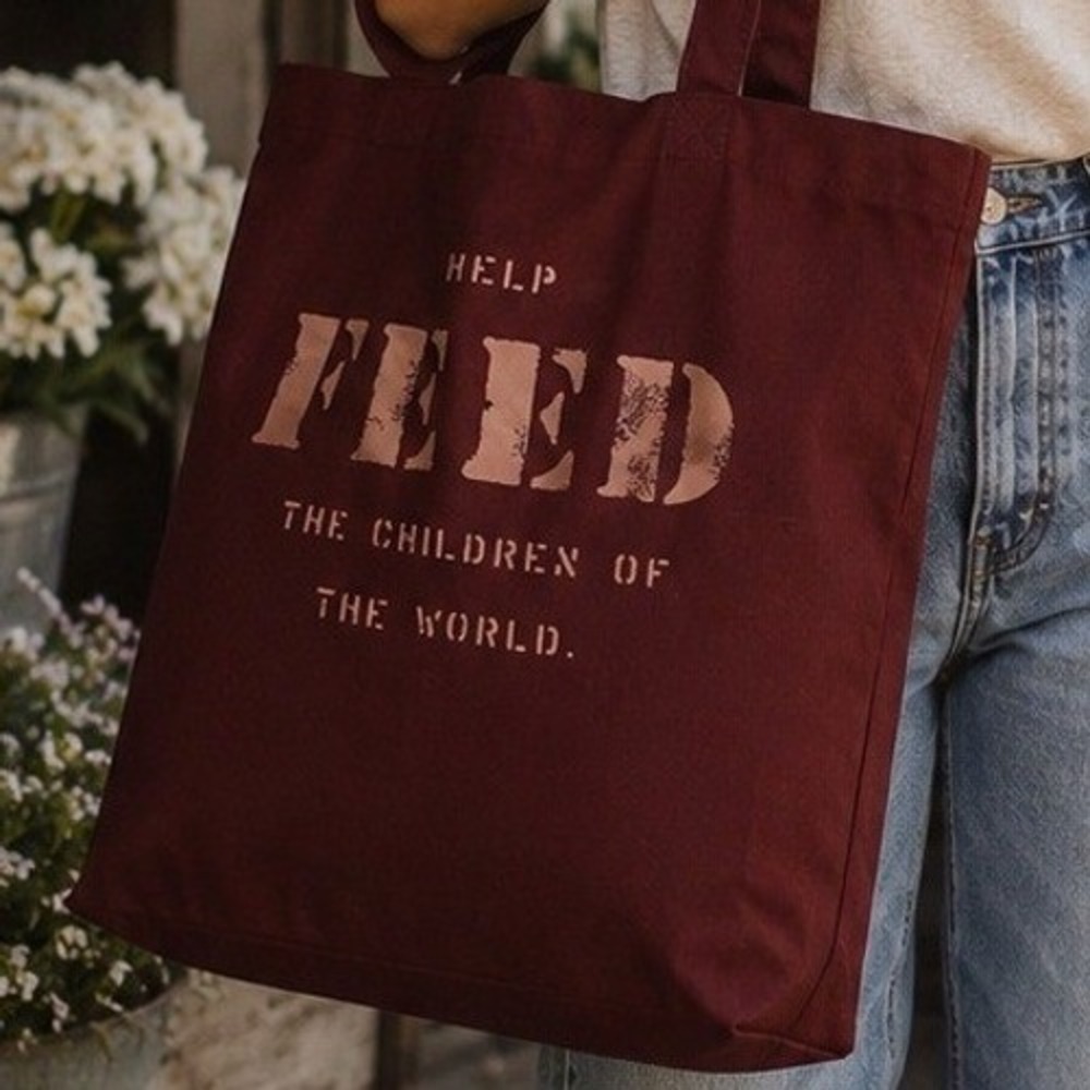 FEED Projects Burgundy Canvas Tote Bag Help Feed The Children Graphic Maroon NEW